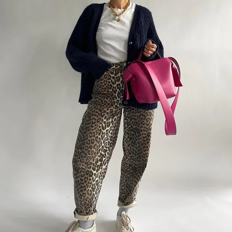 Chandra - Vintage jeans med leopardprint