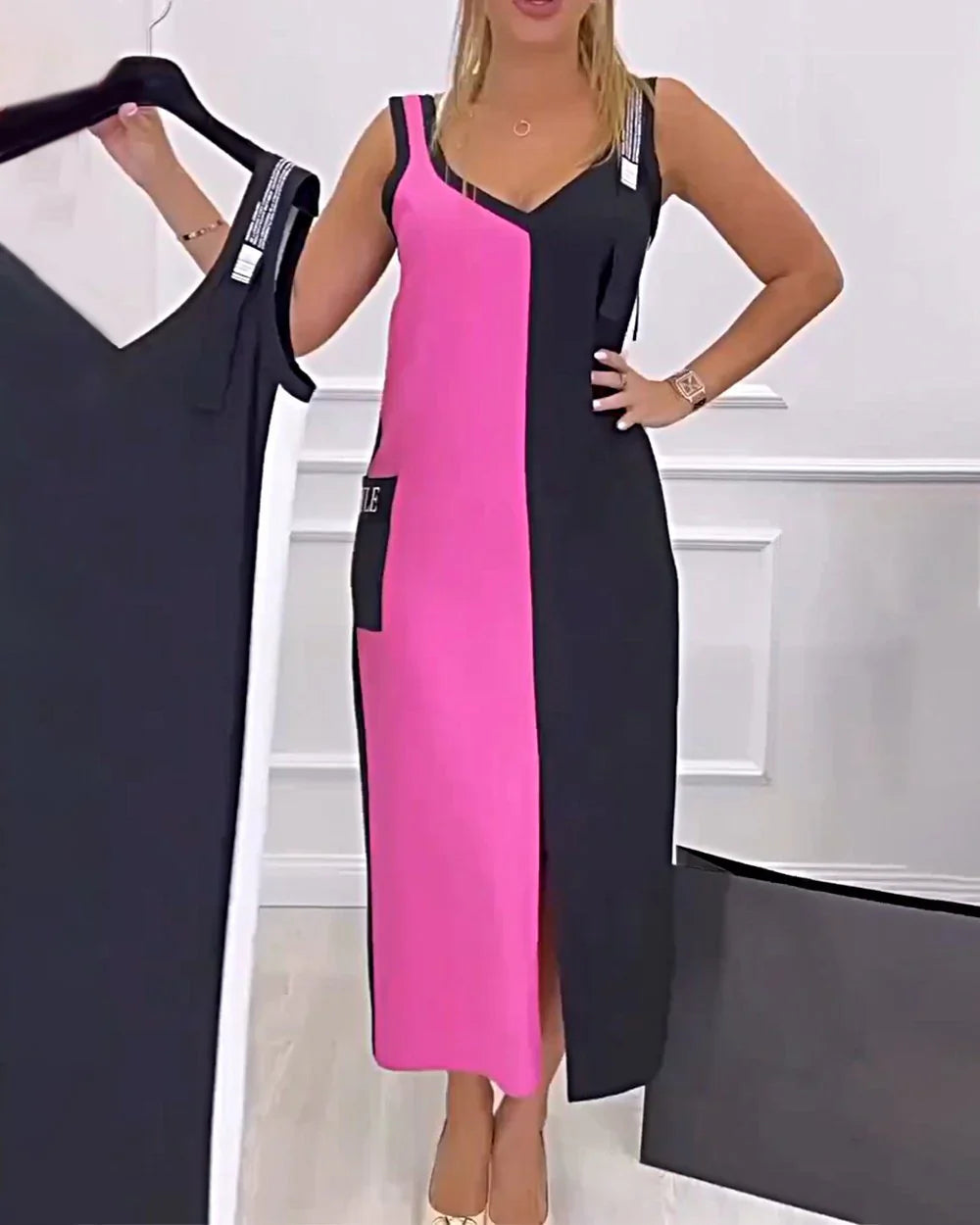 Elyssa – Elegant midikjole i farveblok-look